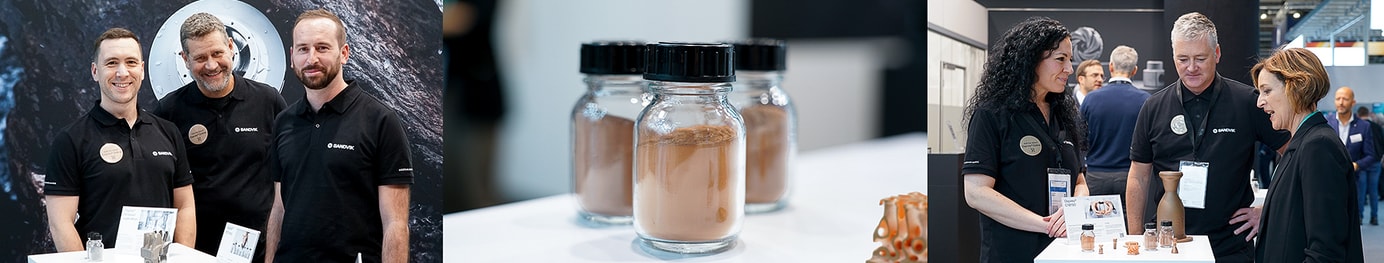 To the left we have an image of three of our sales representatives at Formnext 2023, standing together and smiling at the camera. The middle image is of three glass jars filled with our Osprey&reg; C18150 copper alloy. The third image, to the right, is of two of our experts being engaged in a conversation with a trade show visitor.