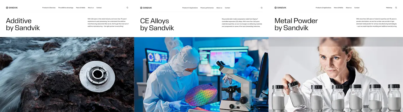 The landing pages for our three websites, featuring Sandvik's new brand identity