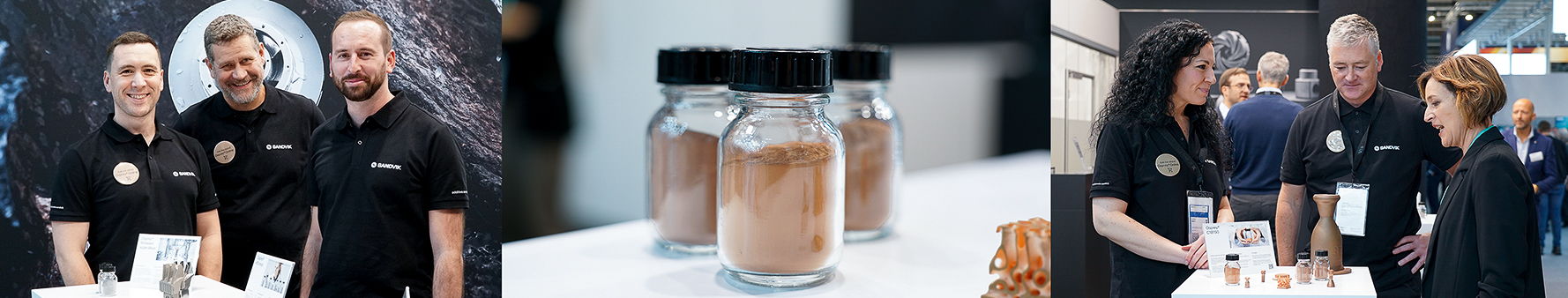 To the left we have an image of three of our sales representatives at Formnext 2023, standing together and smiling at the camera. The middle image is of three glass jars filled with our Osprey&reg; C18150 copper alloy. The third image, to the right, is of two of our experts being engaged in a conversation with a trade show visitor.