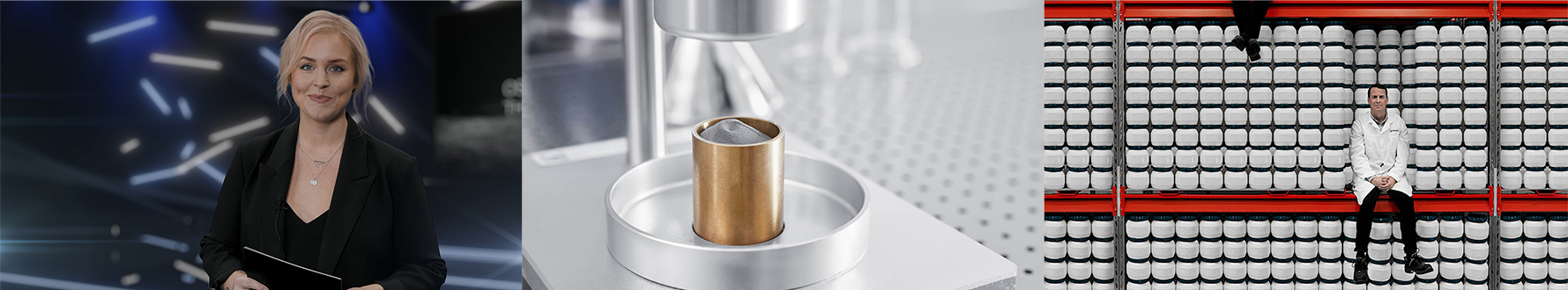 The left image features our webinar host, Paulina Kjellin, in the studio during our Osprey&reg; Online webinar. The middle image is of metal powder in an open container in a lab. The image to the right is of a warehouse shelf filled with Curtec bottles. A person wearing a lab coat sits on the shelf's lower beam. Above that person, to the left, dangles a pair of feet from the person above.